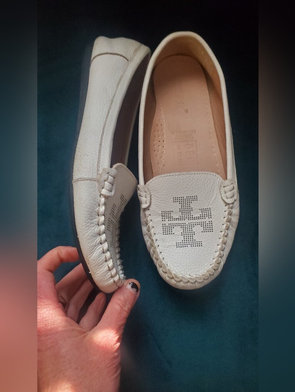 T Embossed White Leather Slip-On Loafers
